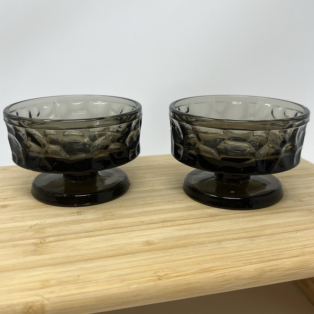 Set 2 Fostoria Pebble Beach MCM Glass Footed Sherbet Ice Cream Bowls Black Pearl